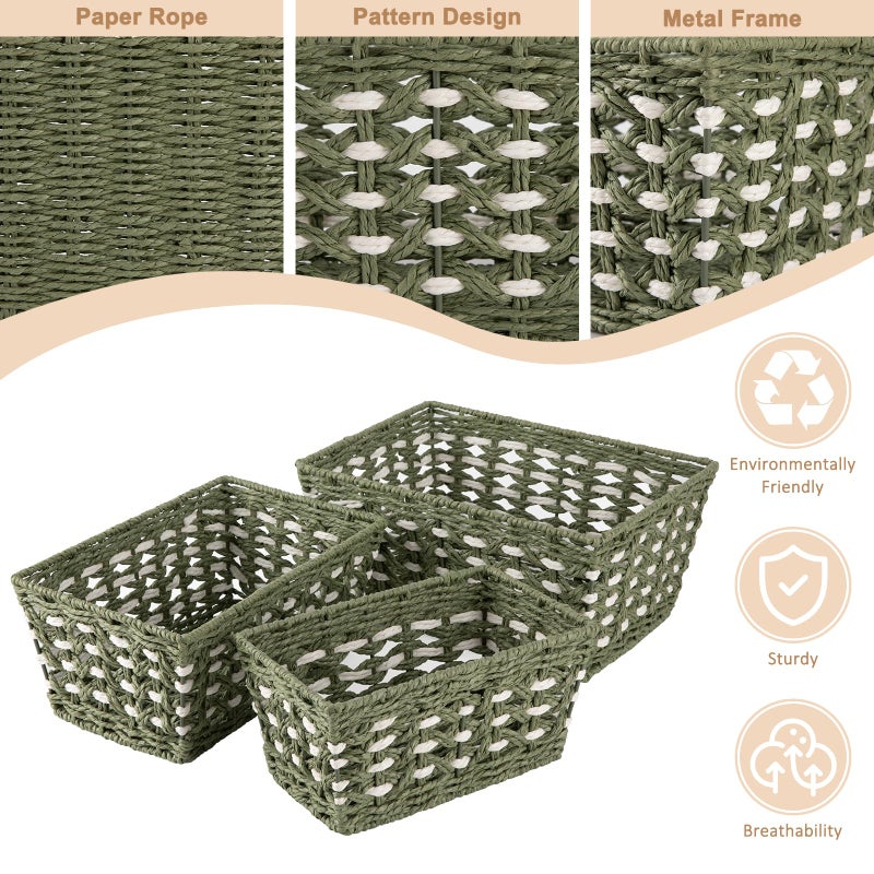 OIAHOMY Wicker Storage Baskets, Paper Rope Shelf Bins, Decortive Baskets for Organizing, Set of 3-Green & White - Image 4