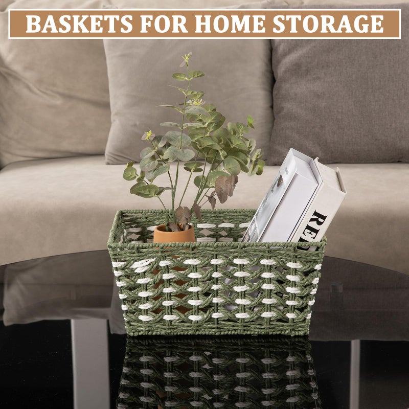 OIAHOMY Wicker Storage Baskets, Paper Rope Shelf Bins, Decortive Baskets for Organizing, Set of 3-Green & White - Image 5