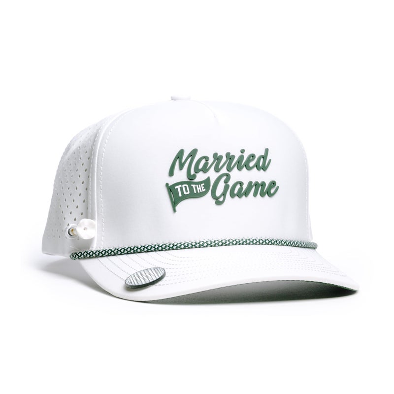 BRIMZ Golf Performance Hat - Breathable Sweat & Water Resistant Golfing Snapback Cap with Tee Holder & Magnetic Brim - Double Sided Ball Marker & Tee Included (Married to The Game - White/Green) - Image 1