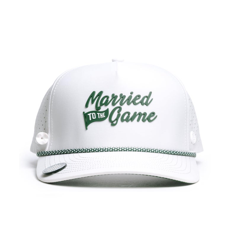 BRIMZ Golf Performance Hat - Breathable Sweat & Water Resistant Golfing Snapback Cap with Tee Holder & Magnetic Brim - Double Sided Ball Marker & Tee Included (Married to The Game - White/Green) - Image 2
