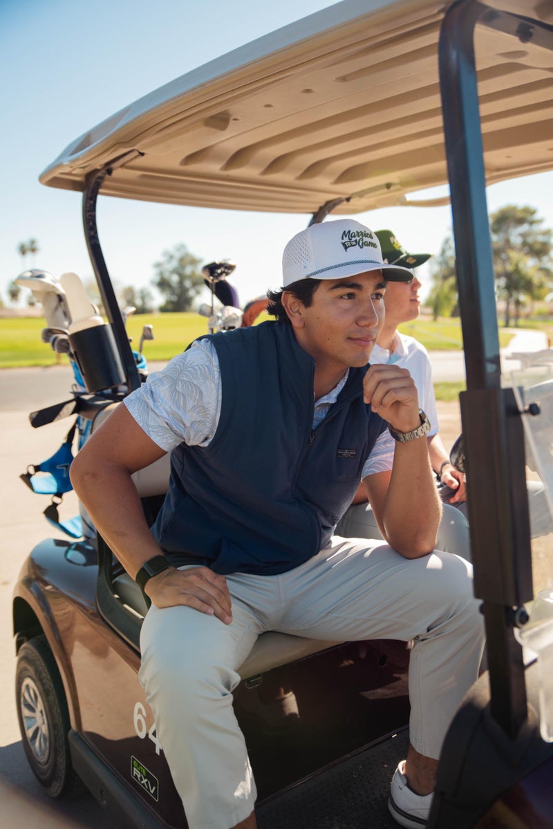 BRIMZ Golf Performance Hat - Breathable Sweat & Water Resistant Golfing Snapback Cap with Tee Holder & Magnetic Brim - Double Sided Ball Marker & Tee Included (Married to The Game - White/Green) - Image 3