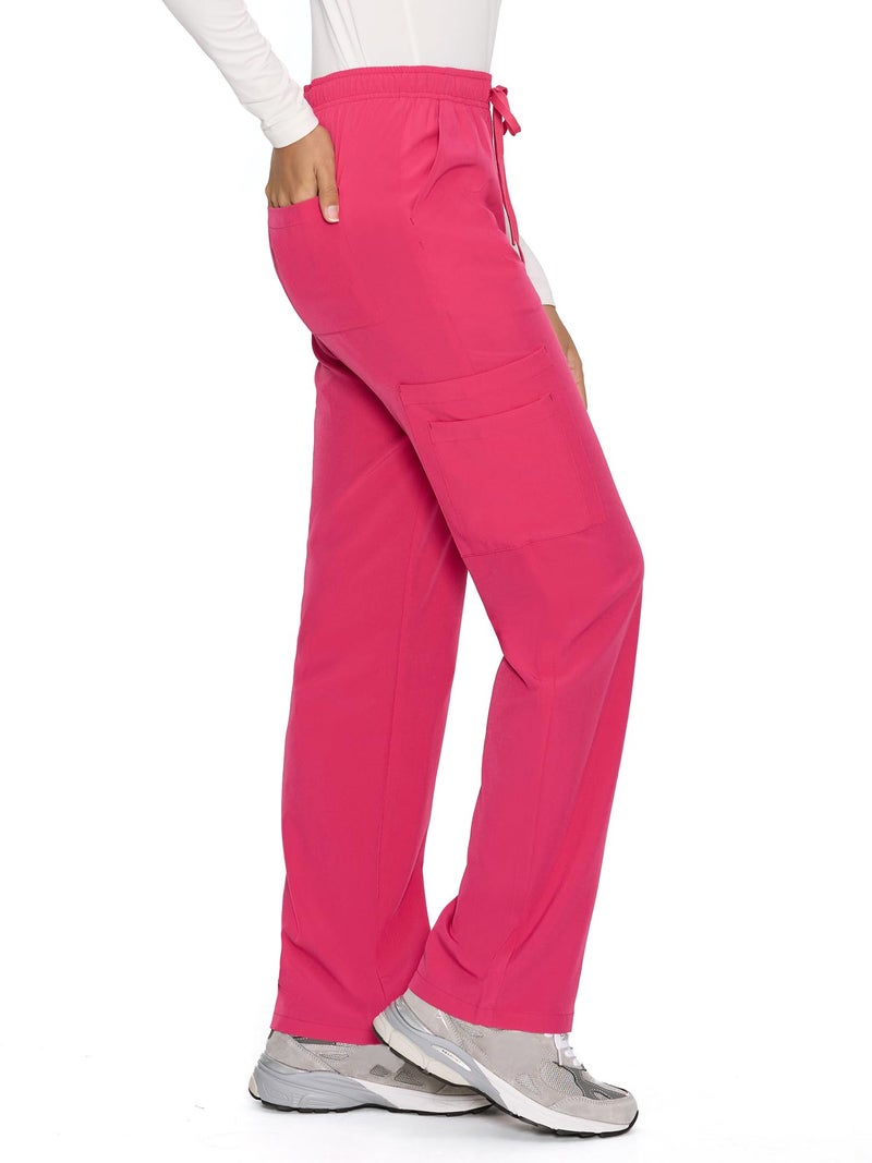 COZYFIT Straight Leg Scrub Pants for Women, Drawstring Soft Stretch, Anti-Wrinkle Women's Scrub Pants with 6 Pockets,Hot Pink,S - Image 3