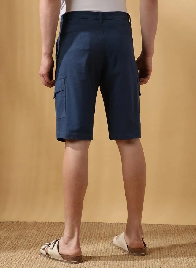 Dennis Lingo Men's Denim Blue 100% Cotton Solid Pattern Cropped Length Cargo Regular Fit Shorts