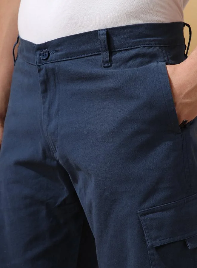 Dennis Lingo Men's Denim Blue 100% Cotton Solid Pattern Cropped Length Cargo Regular Fit Shorts