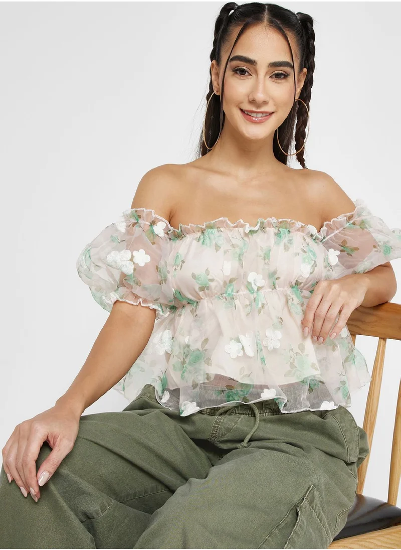 Ginger Off Shoulder 3D Floral Embellished Top