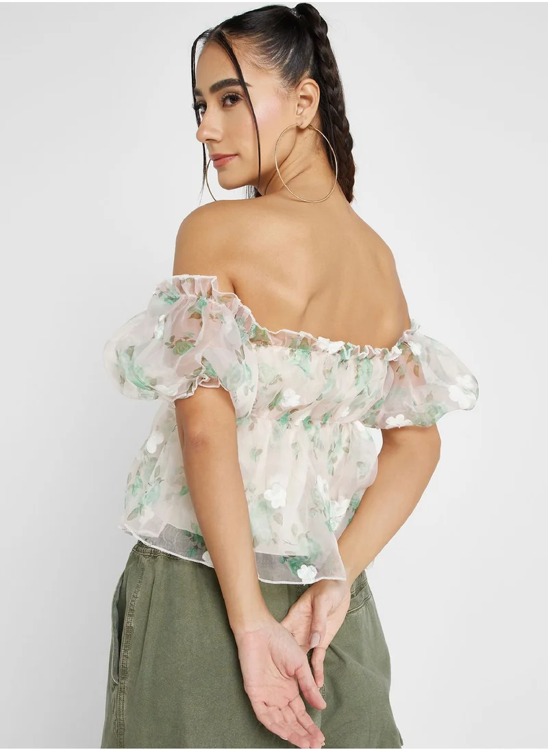 Ginger Off Shoulder 3D Floral Embellished Top