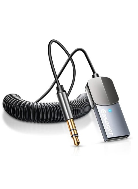 Aux Bluetooth Adapter for Car,Essager Noise Cancelling Bluetooth 5.0 Receiver,Lossless Music USB to 3.5mm Jack Audio Adapter with Built-in Microphone for Car Kits/Home Stereo/Handsfree Call Speaker