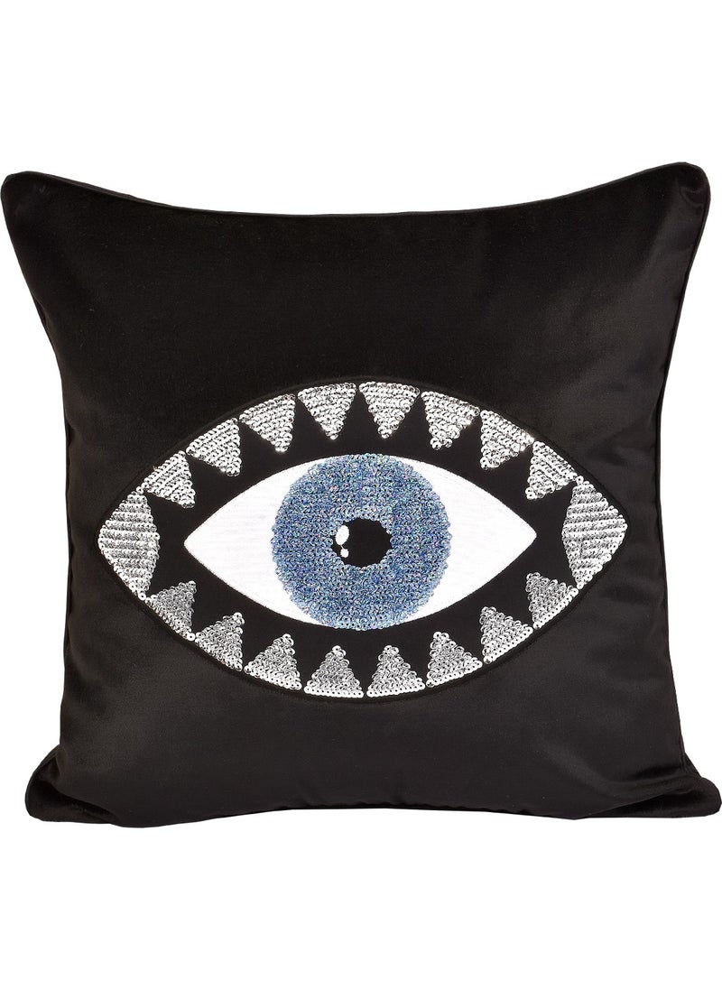 Ge Living Black Velvet Blue Eye Embroidered Pillow Case  - Image 1