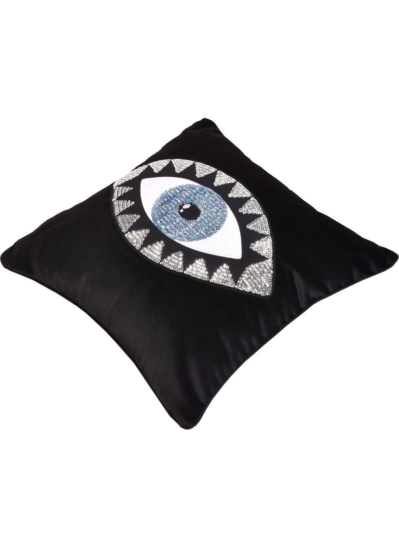Ge Living Black Velvet Blue Eye Embroidered Pillow Case  - Image 3