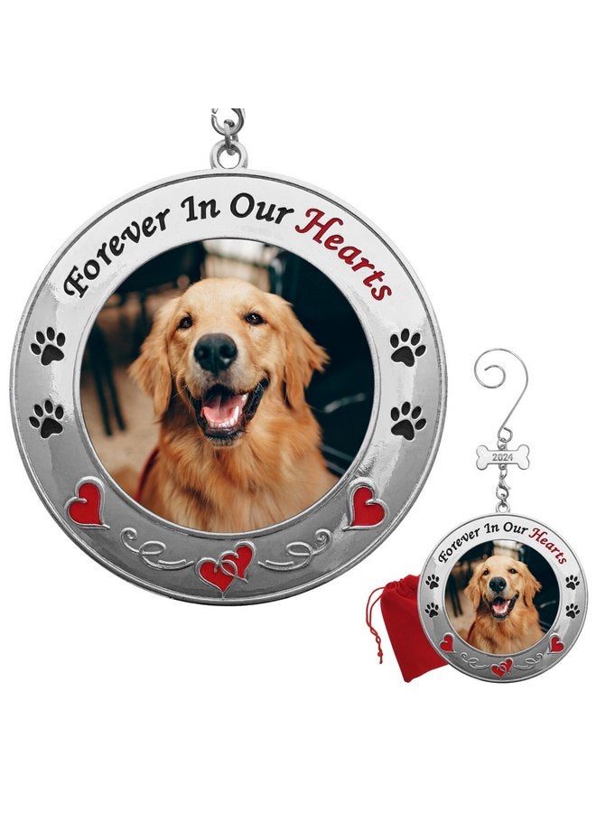 BANBERRY DESIGNS BANBERRY DESIGNS 2024 Pet Memorial Christmas Photo Ornament - Hearts and Paw Prints on a Shiny Silver Ornament - Gift/Storage Bag Included - Image 1