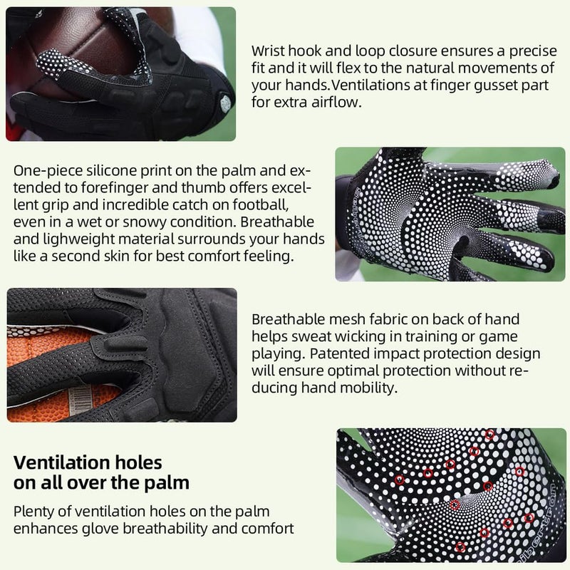 Seibertron G.A.R.G 2.0 Gel Filled Patented Anti-Impact Ultra-Stick Football Sports Receiver Gloves Youth Black S - Image 4