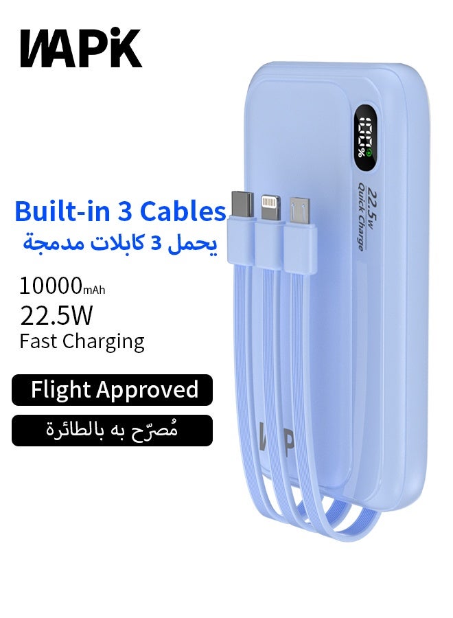 وابيك باور بانك ماركة كورية M1، شحن سريع 22.5 واط، كابلات مدمجة Lightning وType-C وMicro USB، شاشة رقمية، منافذ USB-A وType-C، متوافق مع iPhone وSamsung وHuawei، سعة 10000mAh – أزرق - Image 1
