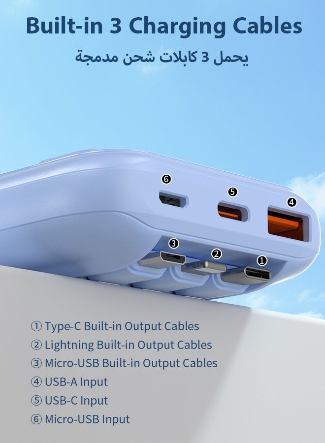 وابيك باور بانك ماركة كورية M1، شحن سريع 22.5 واط، كابلات مدمجة Lightning وType-C وMicro USB، شاشة رقمية، منافذ USB-A وType-C، متوافق مع iPhone وSamsung وHuawei، سعة 10000mAh – أزرق - Image 2
