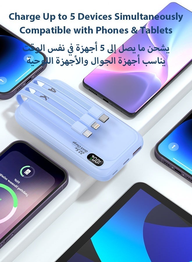 وابيك باور بانك ماركة كورية M1، شحن سريع 22.5 واط، كابلات مدمجة Lightning وType-C وMicro USB، شاشة رقمية، منافذ USB-A وType-C، متوافق مع iPhone وSamsung وHuawei، سعة 10000mAh – أزرق - Image 3