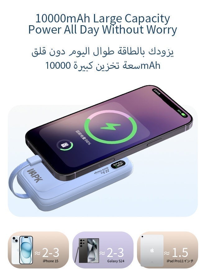 وابيك باور بانك ماركة كورية M1، شحن سريع 22.5 واط، كابلات مدمجة Lightning وType-C وMicro USB، شاشة رقمية، منافذ USB-A وType-C، متوافق مع iPhone وSamsung وHuawei، سعة 10000mAh – أزرق - Image 4
