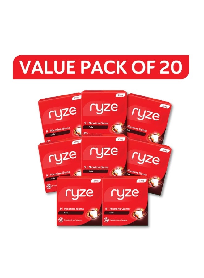 رايز علكة النيكوتين RYZE بتركيز 2 ملغ | علكة نيكوتين بنكهة الكولا (2 ملغ) | عبوة مكونة من 20 علبة (180 قطعة علكة) | لطيفة على الحلق | معتمدة من إدارة الغذاء والدواء (FDA) | خالية من السكر | ذات خصائص لتبييض الأسنان - Image 1