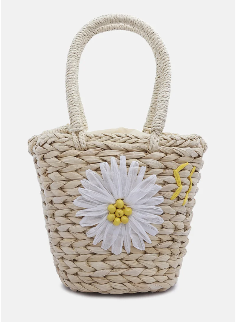 London Rag Light Beige Floral Woven Basket Bucket Bag