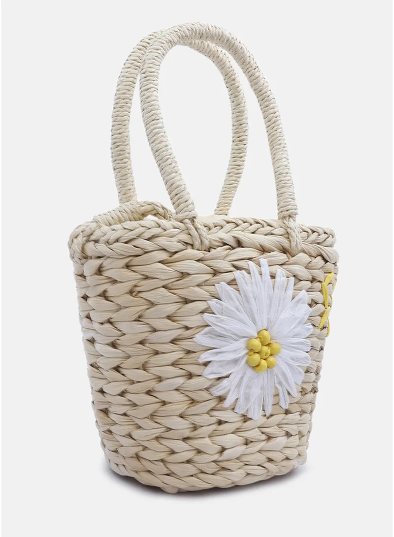 London Rag Light Beige Floral Woven Basket Bucket Bag