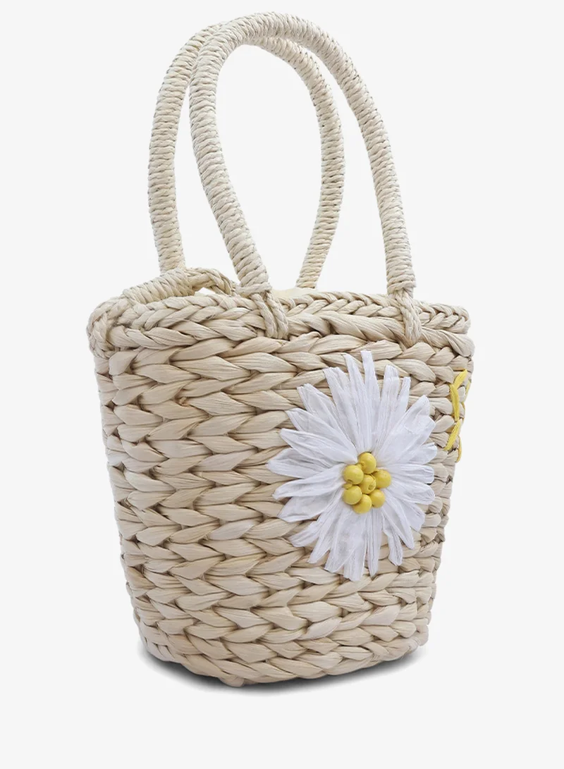 London Rag Light Beige Floral Woven Basket Bucket Bag