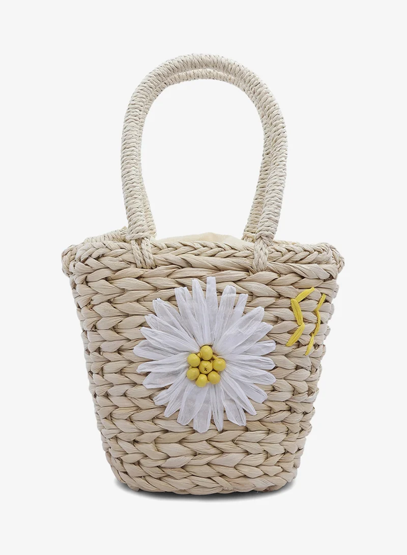 Light Beige Floral Woven Basket Bucket Bag