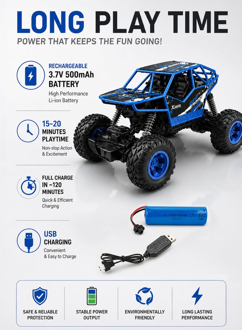 FUNSTERZ Storm Striker Rechargeable 1:16 Scale RC Rock Crawler Off Road Remote Control Car 2.4GHz Full Function 4WD Four Wheel Drive BigFoot Monster Truck Climbing Buggy with Big Grip Tires Spring Shock Suspension High Torque Motor USB Charging Battery All Terrain Racing Toy for Sand Mud Rocks Desert Mountains Indoor Outdoor Play Kids Boys Girls Age 6+ - Image 5