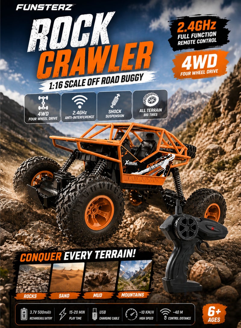 FUNSTERZ Storm Striker Rechargeable 1:16 Scale RC Rock Crawler Off Road Remote Control Car 2.4GHz Full Function 4WD Four Wheel Drive BigFoot Monster Truck Climbing Buggy with Big Grip Tires Spring Shock Suspension High Torque Motor USB Charging Battery All Terrain Racing Toy for Sand Mud Rocks Desert Mountains Indoor Outdoor Play Kids Boys Girls Age 6+ - Image 1