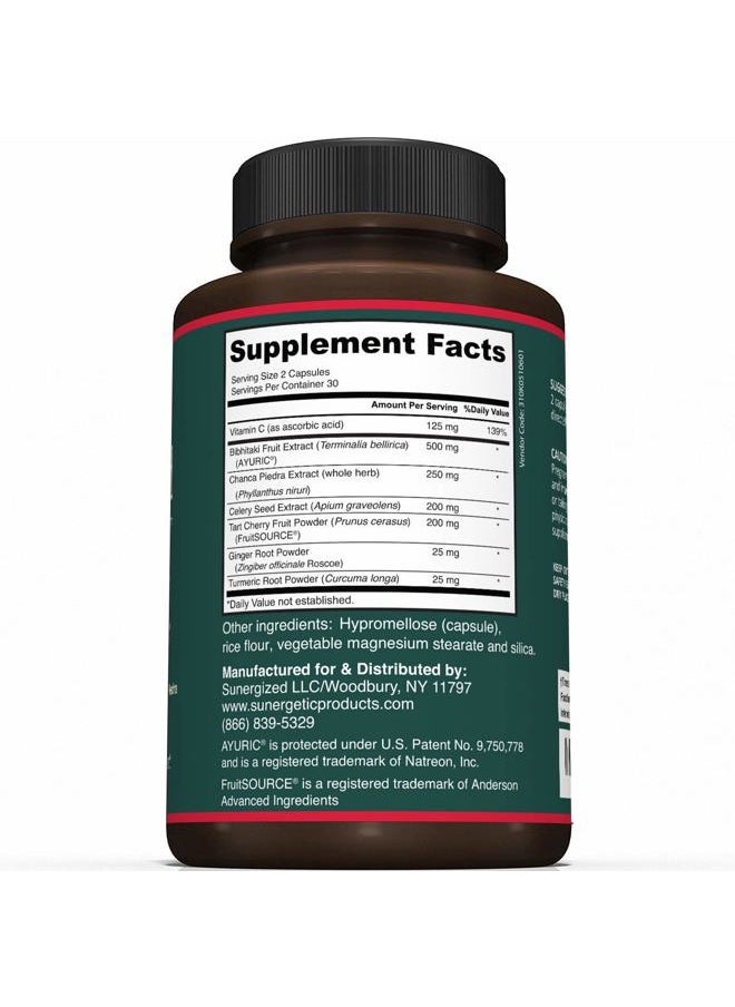 Sunergetic - Premium Uric Acid Support Supplement – Uric Acid Cleanse & Kidney Support – Includes Tart Cherry, Chanca Piedra, Celery Extract & Turmeric - 60 Capsules - Image 1