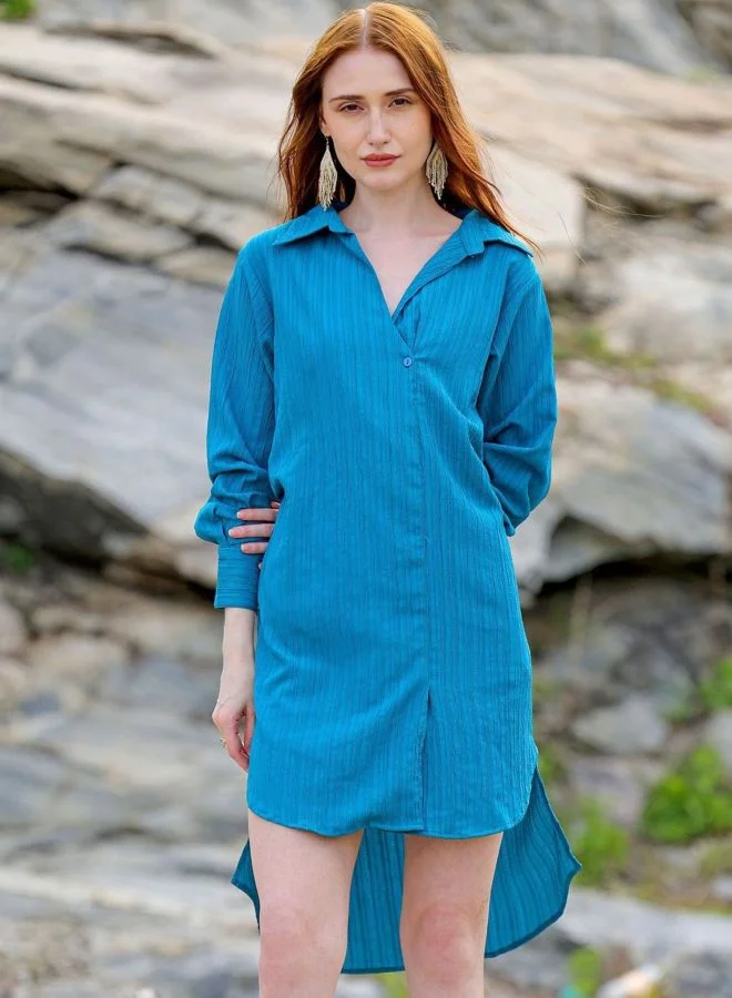 Women Straight Fit Solid Shirt Collar Long Sleeve Asymmetric Dress