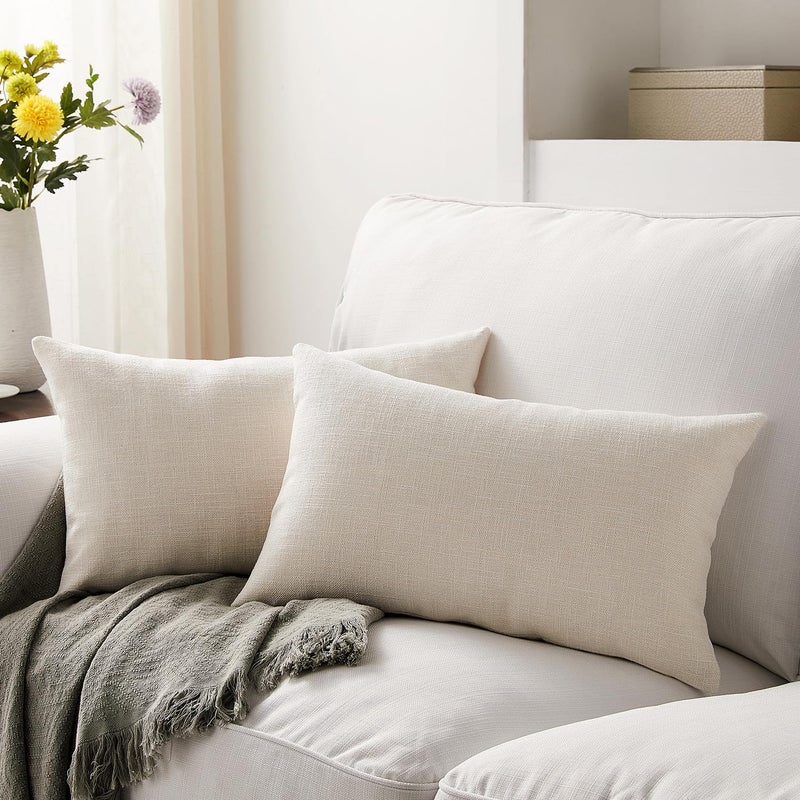 Meekio Set of 2 Ivory Pillow Covers 12 x 20 Inch Farmhouse Boho Decorative Throw Pillow Covers Linen Cushion Covers for Sofa Couch D?cor - Image 1