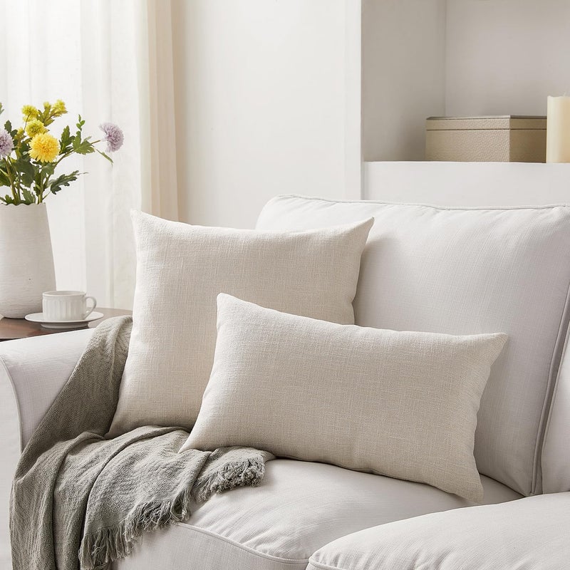 Meekio Set of 2 Ivory Pillow Covers 12 x 20 Inch Farmhouse Boho Decorative Throw Pillow Covers Linen Cushion Covers for Sofa Couch D?cor - Image 2