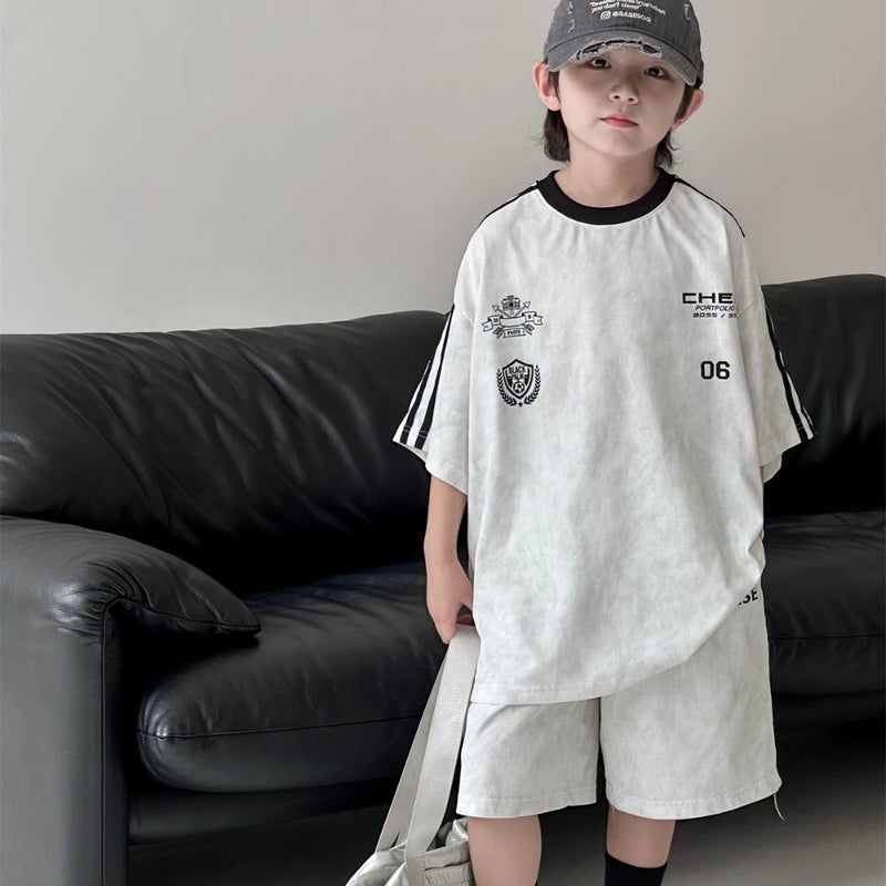 Boys' Summer Suit Korean-Style Letter Printed Short-Sleeved Shorts For Big Boys Sports-Style Children'S Two-Piece Fashionable Suit - Image 3