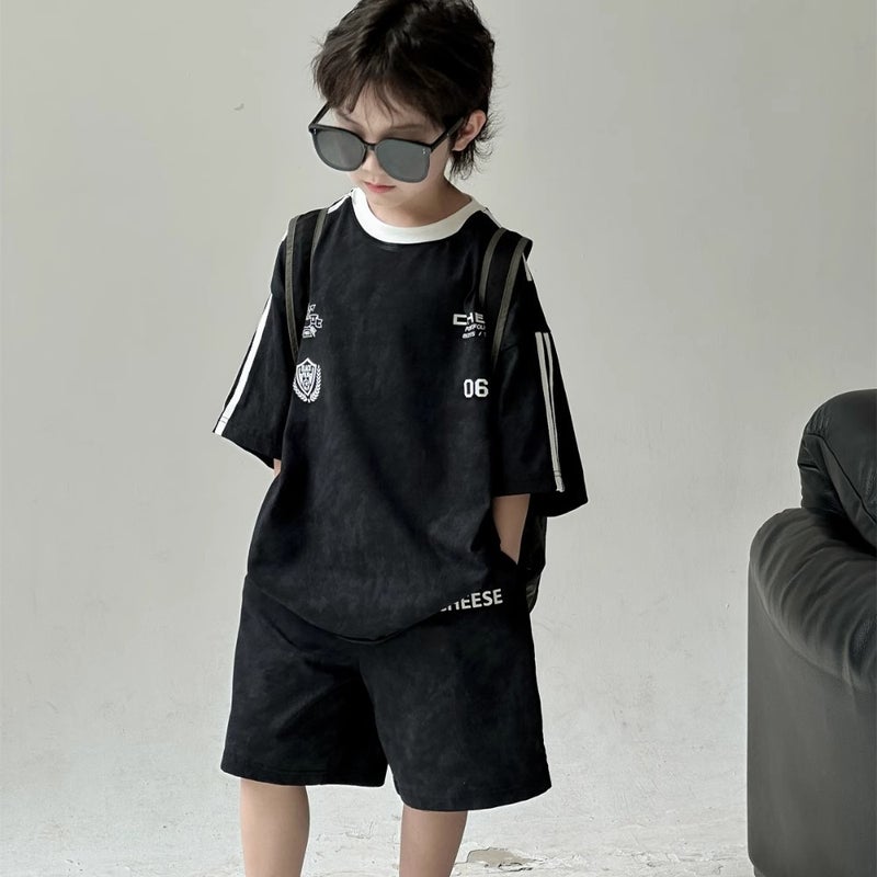 Boys' Summer Suit Korean-Style Letter Printed Short-Sleeved Shorts For Big Boys Sports-Style Children'S Two-Piece Fashionable Suit - Image 2