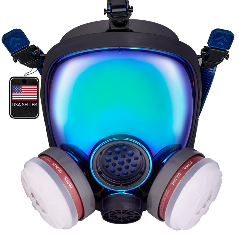 Parcil Distribution PD-100 Arctic Blue Mirrored Full Face Organic Vapor & Particulate Respirator - Dual Activated Charcoal Filtration - Full Face Eye Protection Mask - Image 1
