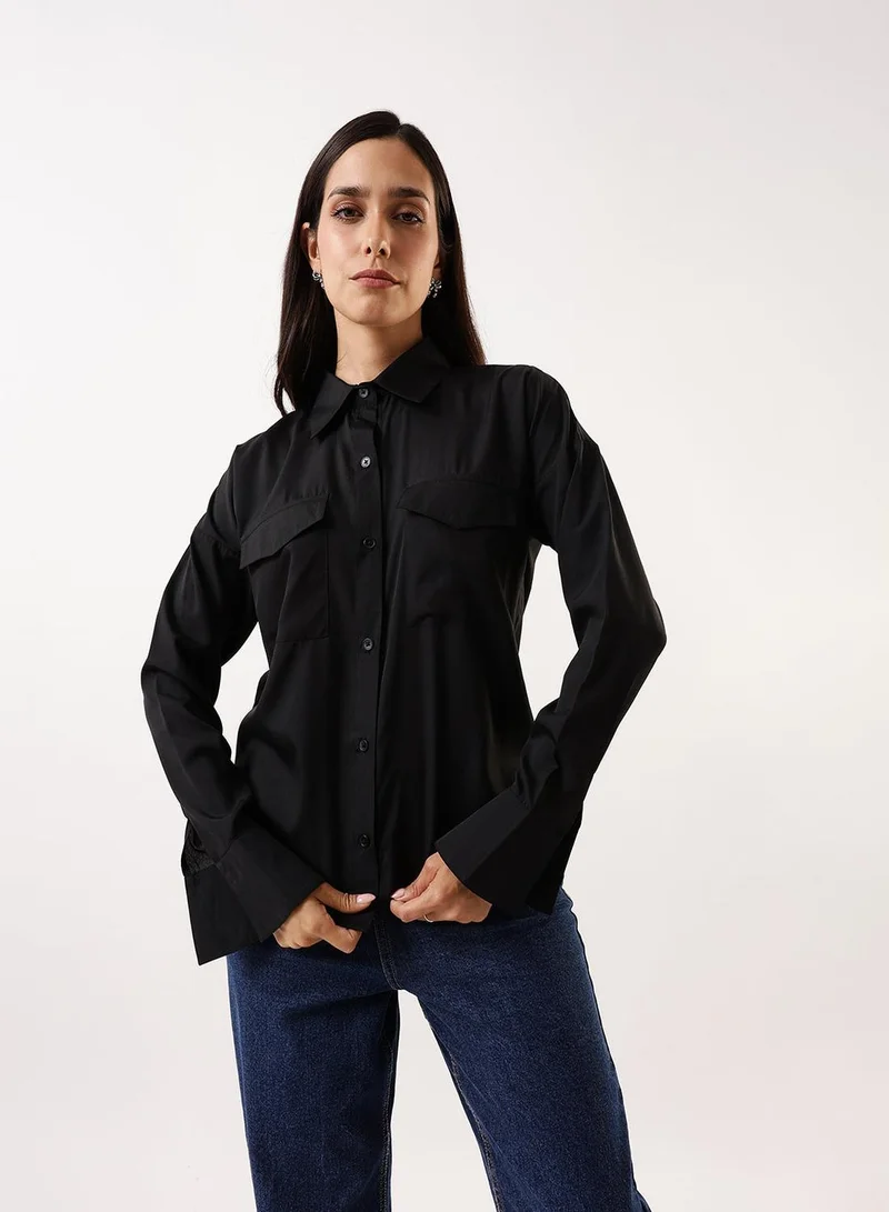 Dennis Lingo Women's Black Beauty Poly Crepe Solid Button Down Regular Fit Shirt