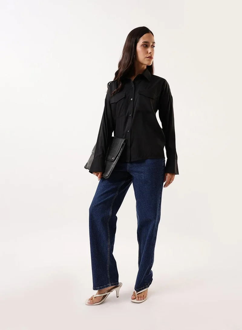 Dennis Lingo Women's Black Beauty Poly Crepe Solid Button Down Regular Fit Shirt