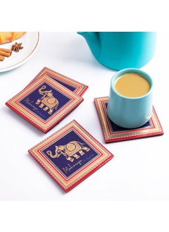 GIBOX Gold Plated Enamel Glossy Finish Sky Blue The Maharaja Ride MDF Tea & Wine Coaster (Set of 4) for Home Decor, Office, Kitchen, Bar Table Absorbent & Anti Slip Bottom Hot & Cold Drinks Suitable