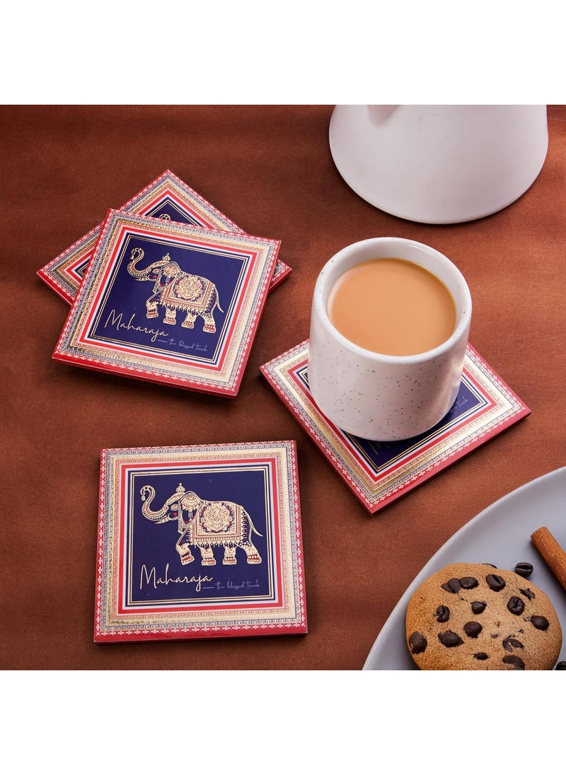 GiBOX - GIBOX Gold Plated Enamel Glossy Finish Sky Blue The Maharaja Ride MDF Tea & Wine Coaster (Set of 4) for Home Decor, Office, Kitchen, Bar Table Absorbent & Anti Slip Bottom Hot & Cold Drinks Suitable - Image 1