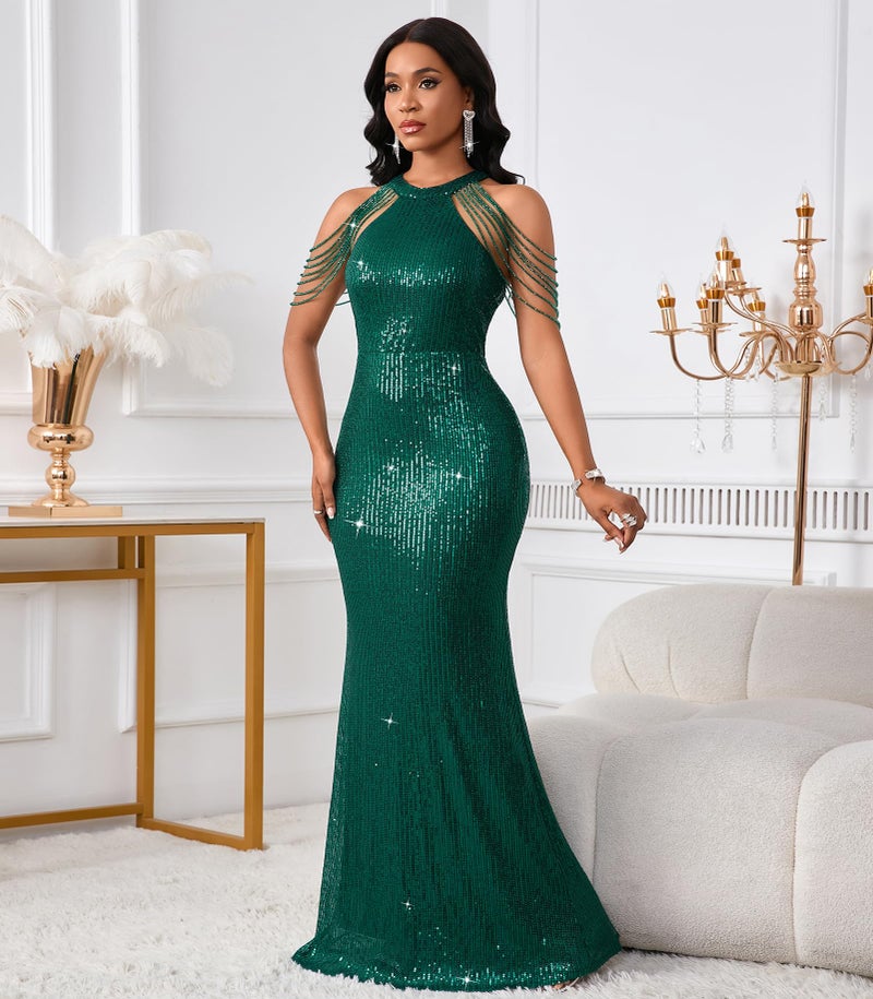 Cololura Women Sexy Elegant Sequin Tassel Off Shoulder Halter Bodycon Maxi Dress Party Evening Gown Formal Dress Green - Image 3