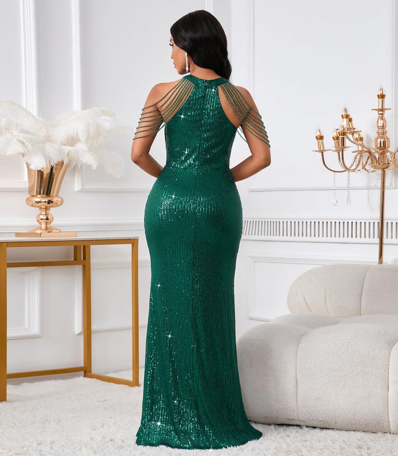 Cololura Women Sexy Elegant Sequin Tassel Off Shoulder Halter Bodycon Maxi Dress Party Evening Gown Formal Dress Green - Image 5