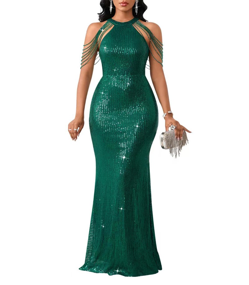 Cololura Women Sexy Elegant Sequin Tassel Off Shoulder Halter Bodycon Maxi Dress Party Evening Gown Formal Dress Green - Image 1