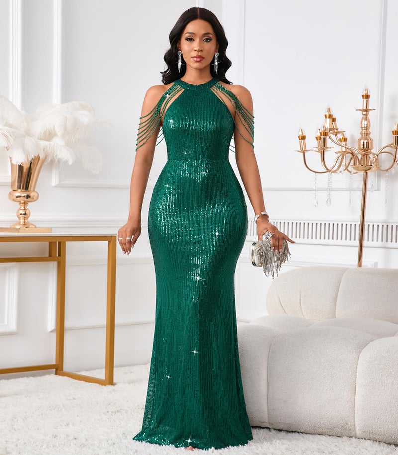 Cololura Women Sexy Elegant Sequin Tassel Off Shoulder Halter Bodycon Maxi Dress Party Evening Gown Formal Dress Green - Image 4