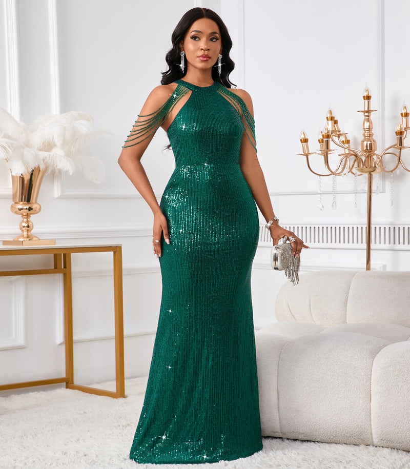 Cololura Women Sexy Elegant Sequin Tassel Off Shoulder Halter Bodycon Maxi Dress Party Evening Gown Formal Dress Green - Image 2