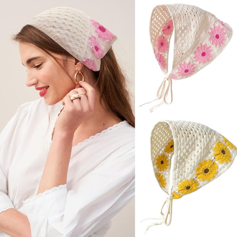 Handmade Crochet Bandana Headbands, 2-Pack Floral Knitted Headscarves with Sunflower Design - Image 1