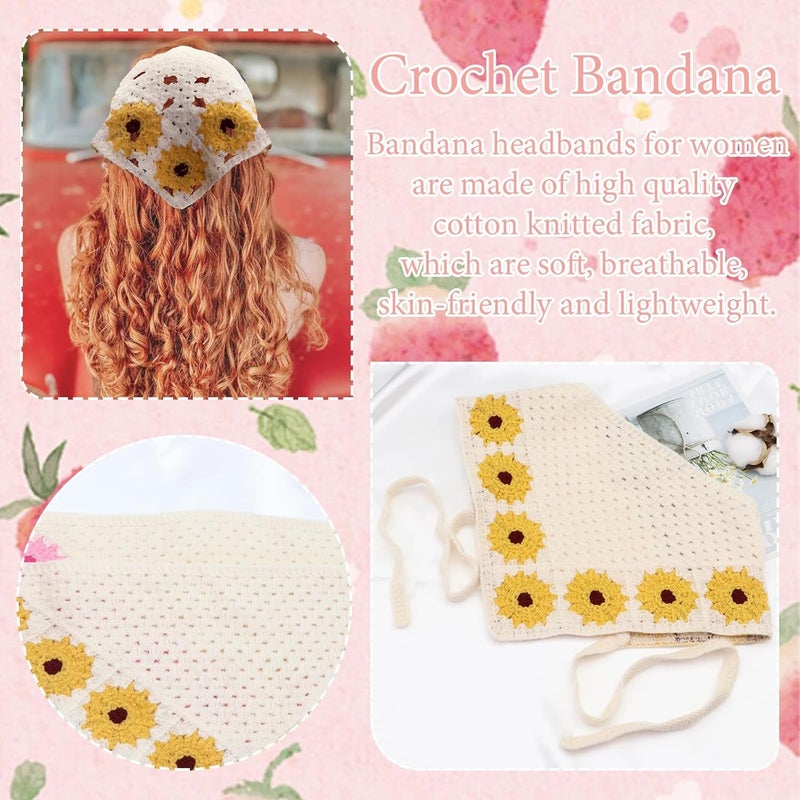 Handmade Crochet Bandana Headbands, 2-Pack Floral Knitted Headscarves with Sunflower Design - Image 4