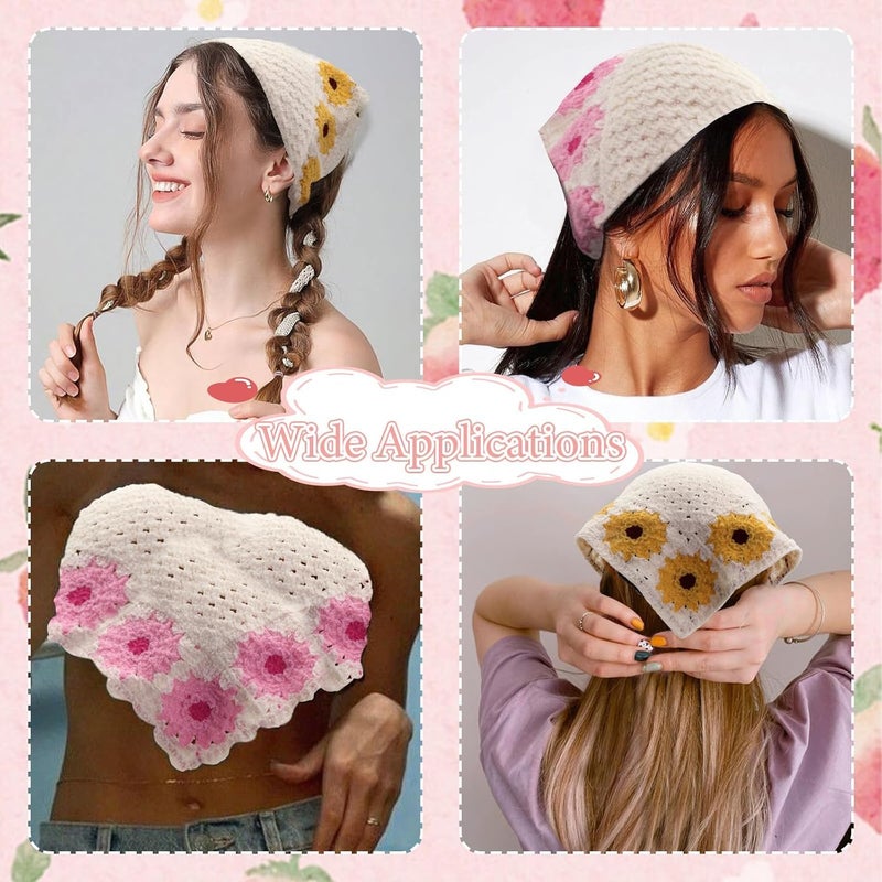 Handmade Crochet Bandana Headbands, 2-Pack Floral Knitted Headscarves with Sunflower Design - Image 3