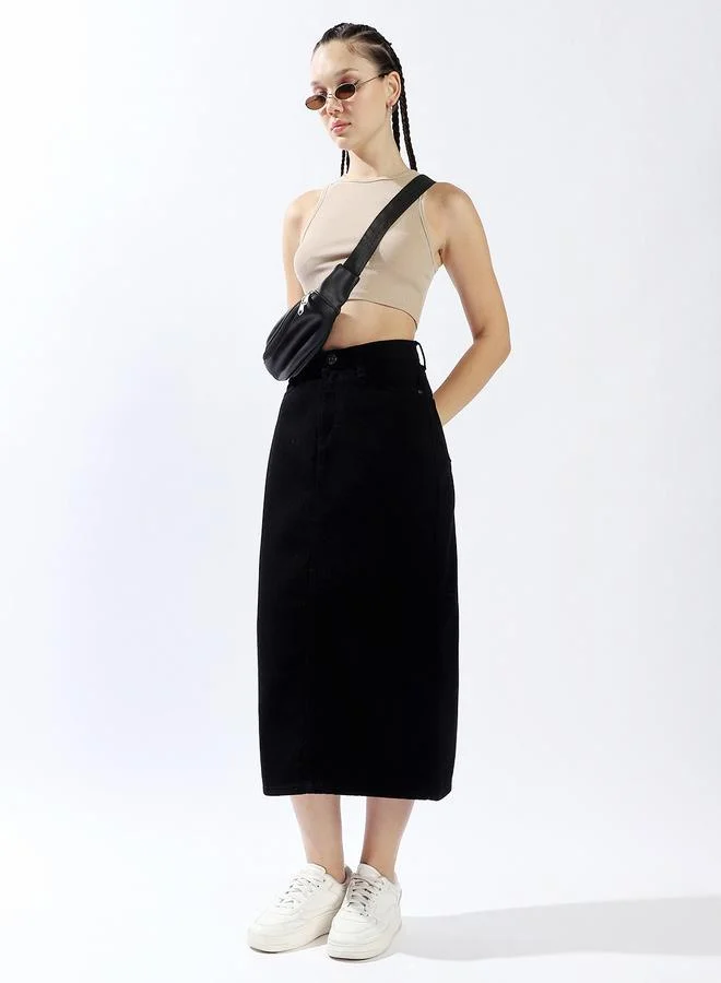 هاي ستار تنورة جينز نسائية متوسطة الطول بخصر عالٍ وفتحة جانبية وقطن