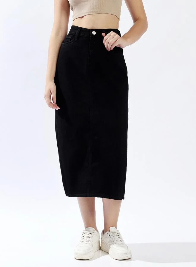 هاي ستار تنورة جينز نسائية متوسطة الطول بخصر عالٍ وفتحة جانبية وقطن