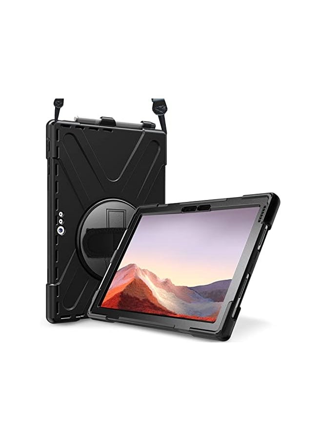 Procases - ProCase Surface Pro 7 Plus/Pro 7 / Pro 6 / Pro 5 / Pro 4 / Pro LTE Case, Full Protective Case, 360 Degree Rotatable Heavy-Duty Cover with Hand Strap, Shoulder Belt and Kickstand -Black - Image 1