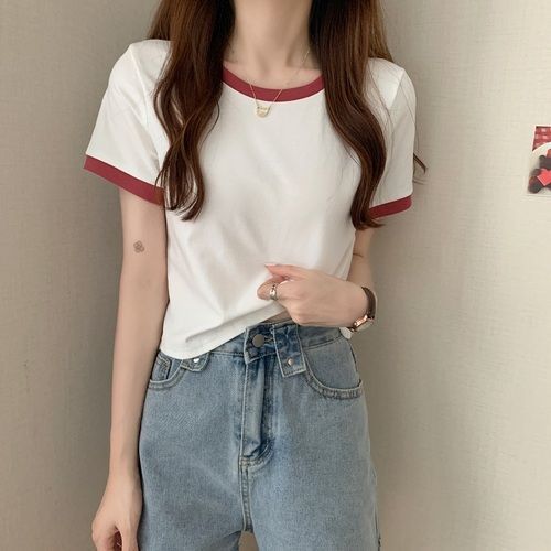 2023 Contrast Color Round Neck Short Sleeve T-shirt Womens Summer Base Shirt Korean Slim Fit Short T-shirt Female Students Wholesale Foreign Trade Blue  - Image 3