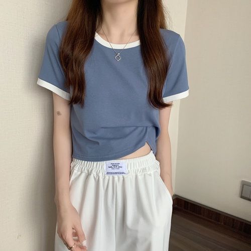 2023 Contrast Color Round Neck Short Sleeve T-shirt Womens Summer Base Shirt Korean Slim Fit Short T-shirt Female Students Wholesale Foreign Trade Blue  - Image 1